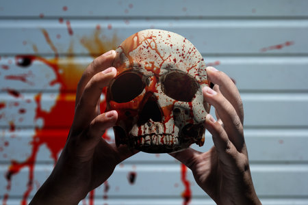 Hand holding a human skull head with blood dripping down its surface. The human skull, devil, evil, or zombie head. Scene of blood splattered on the wall. Halloween conceptの写真素材