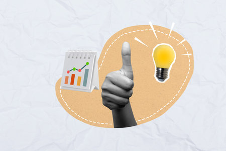 Human hand with thumb up gesture showing a lit lightbulb and a graph line on a colored background. Collage art of a Business ideaの写真素材