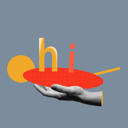 Human hand showing the text of Hi on a colored background. Collage art of greeting for an invitation, greeting, or acceptanceの写真素材