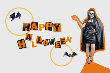 Black witch with skull head showing text of Happy Halloween with flying bats on a colored background. Collage art of Halloweenの写真素材