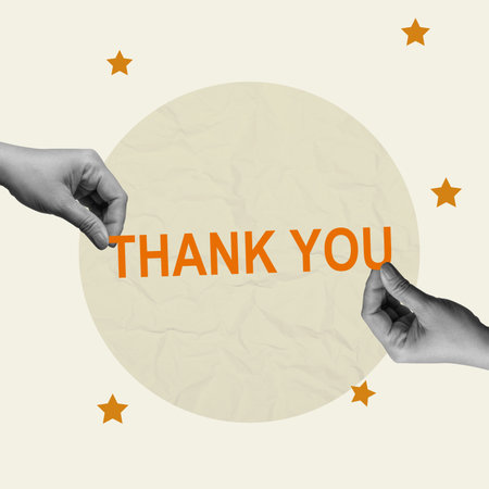 Human hand showing the text of Thank You on a colored background. Collage art of a thank you messageの写真素材