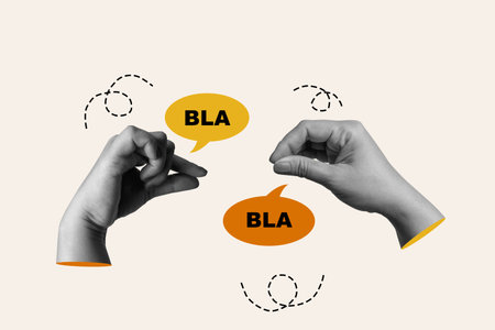 Human hands with a hand talking gesture and a speech bubble on a colored background. Collage art of dialogueの写真素材