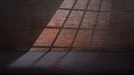 Dramatic shadow of window light shines across the interior of the room with red brick walls and a tile floor. Mockup, copy space, or template. Empty backdrop podium for product or text displayの写真素材