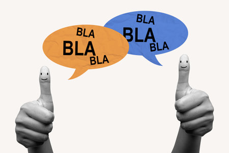 Human hands showing thumb up gesture with a smiling face and a speech bubble on a colored background. Collage art of dialogueの写真素材