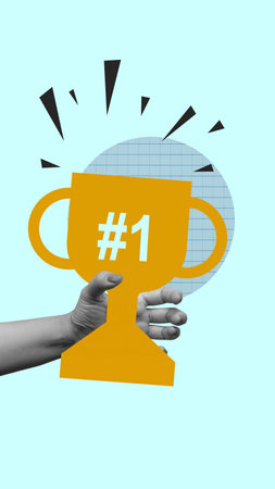 Human hands holding the trophy for cheers to celebrate an achievement on a colored background. Collage art of Congratulationsの写真素材