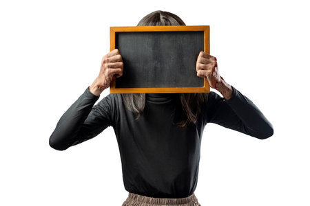 Transgender man dressed as a woman wearing a face mask and holding a blackboard isolated over a white background. Copy space. Concept of Halloweenの写真素材