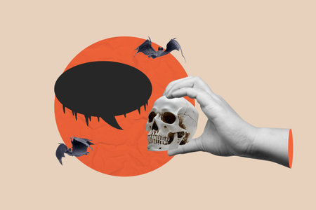 Human holding a human skull head with a speech bubble and flying bats on a colored background. Copy space. Collage art of Halloweenの写真素材
