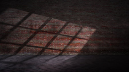 Dramatic shadow of window light shines across the interior of the room with red brick walls and a tile floor. Mockup, copy space, or template. Empty backdrop podium for product or text displayの写真素材