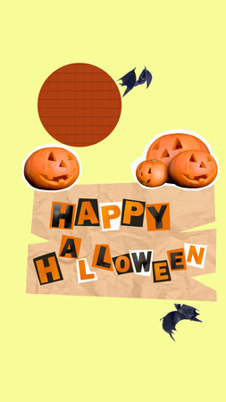 Jack-o'-Lantern or Halloween pumpkin with text of Happy Halloween and flying bats on a colored background. Collage art of Halloweenの写真素材