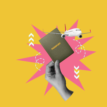 Human hand holding a passport with a flying commercial airplane on a colored background. Collage art of Travelingの写真素材