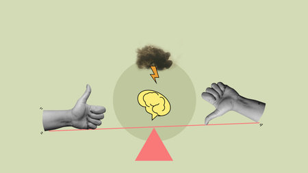Human brain with thunderstorm cloud between thumb up and down gesture. Collage art of mental health