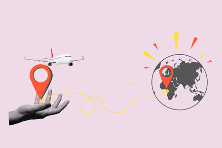 Human hand showing a location pin with a world map and a flying commercial airplane on a colored background. Collage art of travelingの写真素材