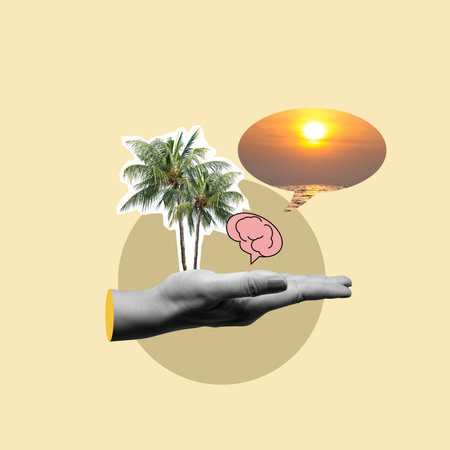 Human hand showing brain and speech bubble with calm natural background. Collage art of mental healthの写真素材