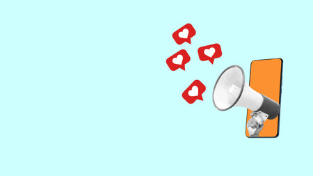 Human hand through cellphone screen holding megaphone with like symbols of social media icons on a colored background. Mockup, Copy space, or Template. Collage art of Social Mediaの写真素材