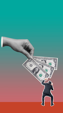 Businessman is afraid of human hands that give him money on a colored background. Collage art of bribeの写真素材