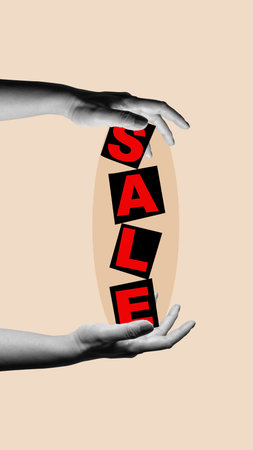 Human hand showing text sale on a colored background. Collage art of saleの写真素材