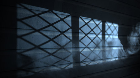 Dramatic shadow of window light casting on the striped wall texture. Copy space. Textured backgroundの写真素材