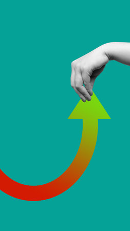 Human hand holding an upward arrow on a colored background. Collage art of business and financeの写真素材