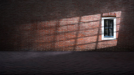 Dramatic shadow of window light shines across the interior of the room with red brick walls and a tile floor. Mockup, copy space, or template. Empty backdrop podium for product or text displayの写真素材