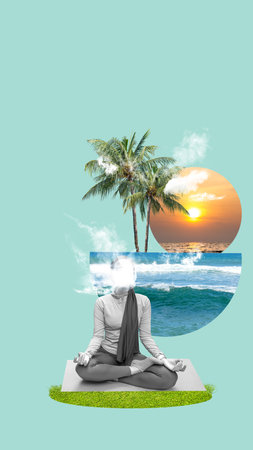 Woman in a yoga pose for meditation with a calm natural background. Collage art of meditationの写真素材