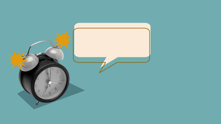 Alarm clock ringing with speech bubble on a colored background. Copy space. Collage art of the deadlineの写真素材