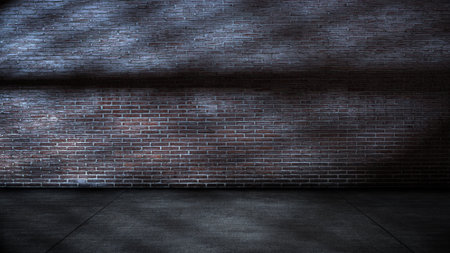 Light beam shines across the interior of the room with red brick walls and a concrete floor. Mockup, copy space, or template. Empty backdrop podium for product or text displayの写真素材