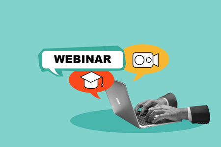 Human hand using a laptop with an online seminar or webinar symbol on a colored background. Collage...