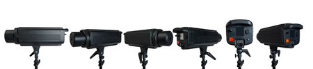 Collection set of professional studio lighting equipment isolated over a white backgroundの写真素材