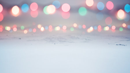 Abstract colorful blurred bokeh light hanging above a snowy surface. Copy space. Festive and dreamy...
