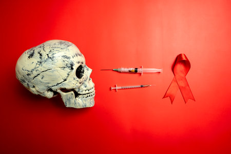 Red ribbon with a human head skull and syringe on a red background. Symbolizing awareness and support for HIV or AIDS patients. World Aids Day. Concept of Healthcare and Medicineの写真素材