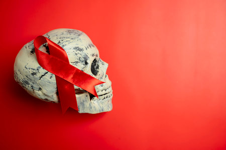 Red ribbon with a human head skull on a red background. Symbolizing awareness and support for HIV or AIDS patients. World Aids Day. Concept of Healthcare and Medicineの写真素材