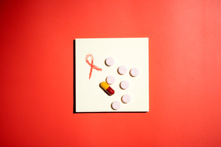 Red ribbon and medicine on a red background. Symbolizing awareness and support for HIV or AIDS patients. World Aids Day. Concept of Healthcare and Medicineの写真素材