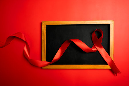 Red ribbon and chalkboard on a red background. Symbolizing awareness and support for HIV or AIDS patients. World Aids Day. Mockup or Copy space. Concept of Healthcare and Medicineの写真素材