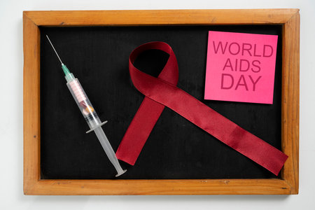 Red ribbon and syringe with chalkboard with the text of World Aids Day on the note. Symbolizing awareness and support for HIV or AIDS patients. Mockup or Copy space. Concept of Healthcare and Medicineの写真素材