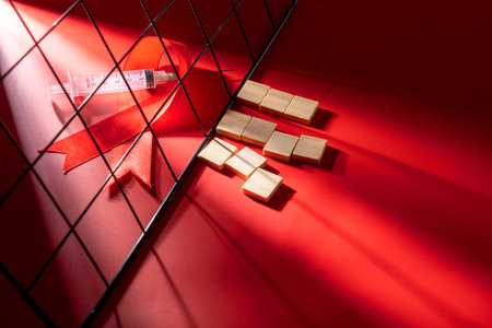 Red ribbon on a red background. Symbolizing awareness and support for HIV or AIDS patients. World...