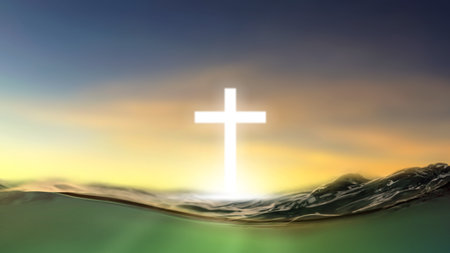 Light of the Christian cross over the ocean wave surface with sky background. Concept of Christianity, religious, faith, Jesus, or beliefの写真素材