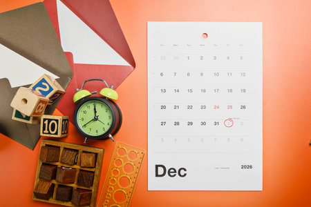 Calendar showing 1st January as the new year with an alarm clock. Happy New Year concept or Celebrationの写真素材