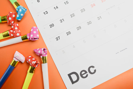 Calendar showing 1st January as the new year with party blowers. Happy New Year concept or Celebrationの写真素材