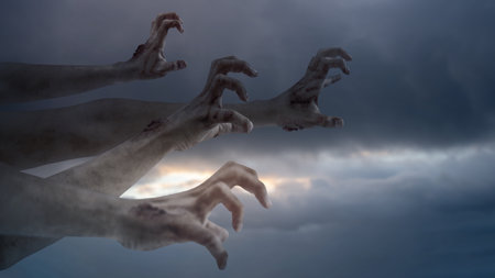 Zombie hands with wounds and blood haunted with a dark cloud sky background. Zombie, devil, evil, satan, or monster hand. Concept of Spooky Halloweenの写真素材