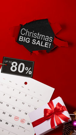 Top view of red ripped paper and text on the label tag. Copy space. Flash sale conceptの写真素材