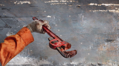 Construction hand with wound and blood holding a pipe wrench with a grungy wall background. Concept...