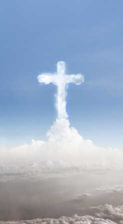 Christian cross of cloud shape with clear sky background. Concept of Christianity, religious, faith, Jesus, or beliefの写真素材