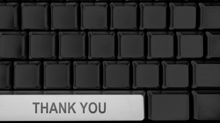 Greeting word of Thank You on the computer keyboard button. Thank you message for presentation, business. Expressing gratitude, acknowledgment and appreciationの写真素材