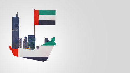 Maps of United Arab Emirates with dubai skyline and national flag. Concept of UAE national day celebration. Collage artの写真素材