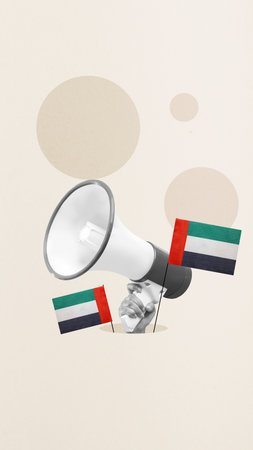 Human hand holding megaphone with United Arab Emirates national flag color. Concept of UAE national day celebration. Collage artの写真素材