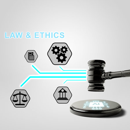 Minimalist illustrative concept representing the integration of artificial intelligence with law and ethics, featuring a gavel, scales of justice, gears, document icon and court icon on a gradient backgroundの写真素材