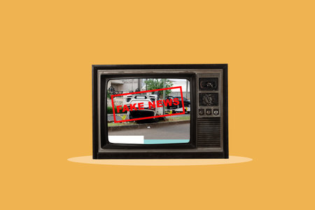 Vintage television displaying an image of a car accident, overlaid with a red stamp that reads "Fake News". Concept of misinformation, media manipulation, and digital deceptionの写真素材