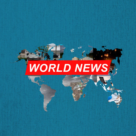 World map filled with images representing different news events, with a bold red banner across it displaying "World News" on a blue background. Journalism, podcasting, and international communicationの写真素材