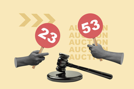 Auction scene, featuring bidding paddles with numbers, a judge's gavel, and hands, all set against a stylized background. Collage art. Concept of auctionの写真素材