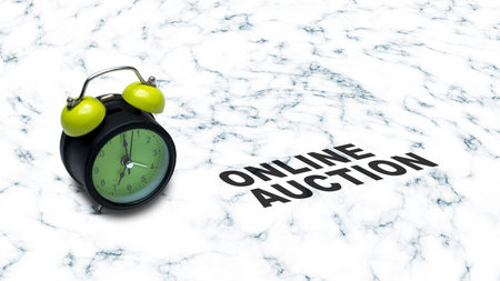 Minimalist image featuring a lime green alarm clock and the words ONLINE AUCTION on a white marble...